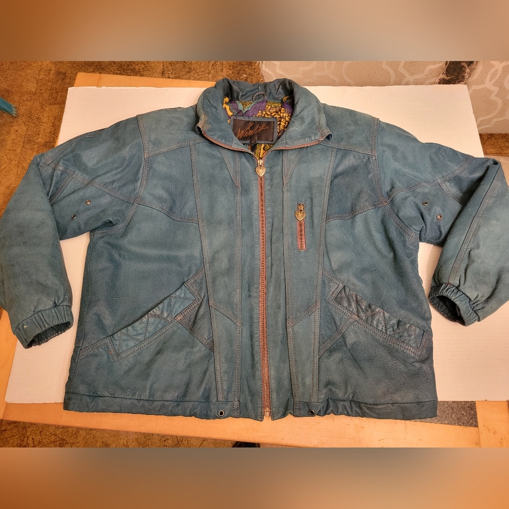 Vintage 1980s Women's Winlit Genuine Teal Leather Jacket Sz Large Shoulder Pads